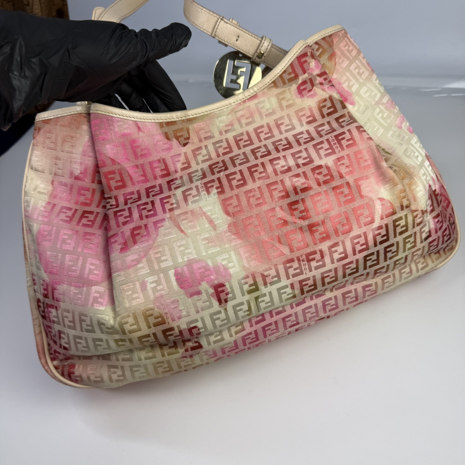 🌸 Authentic FENDI Chef Shoulder Bag Pink Floral Zucca FF Canvas 8BH220 🌸