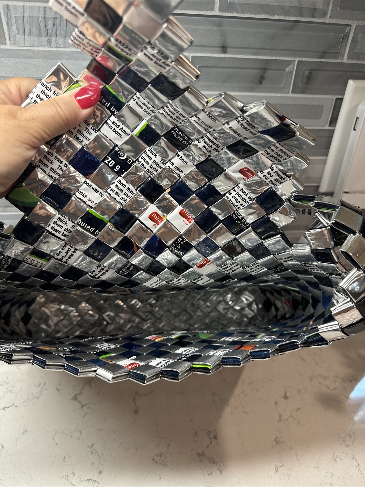 Unique 1 of a Kind Purse Handbag Made w/Frito-Lay Chip Bags Black/Blue/Silver