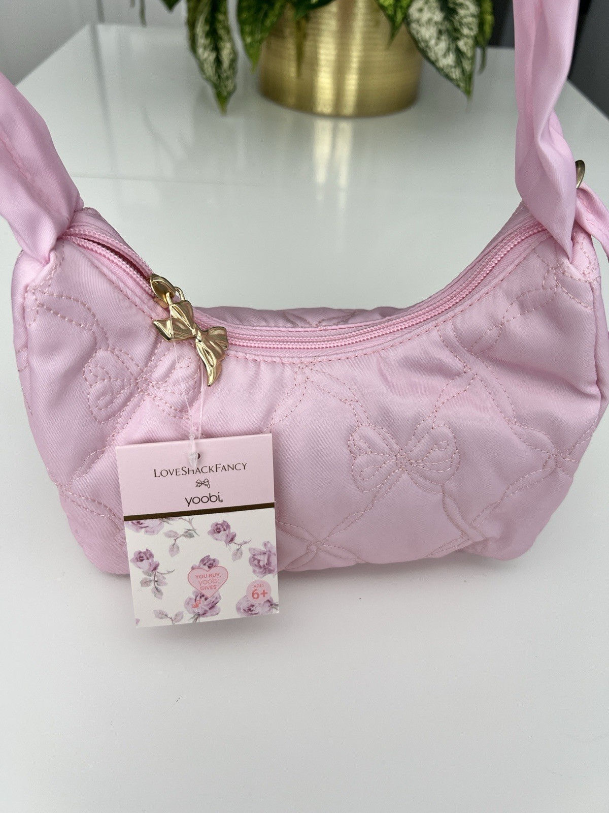 LoveShackFancy x yoobi Pink Quilted Bow Shoulder Bag Gold Hardware Zip Strap