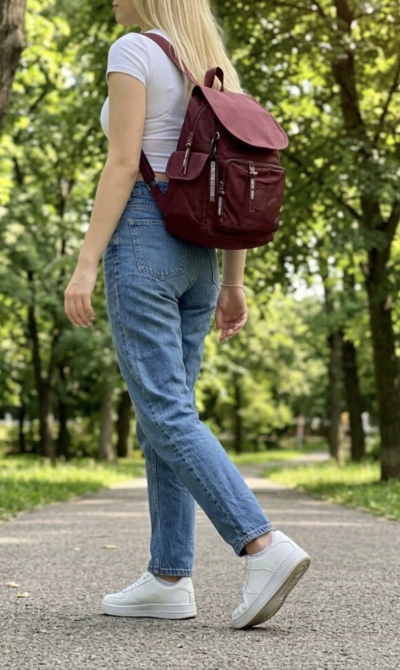 Water-Resistant Burgundy Oxford Backpack with Laptop Sleeve & Luggage Strap