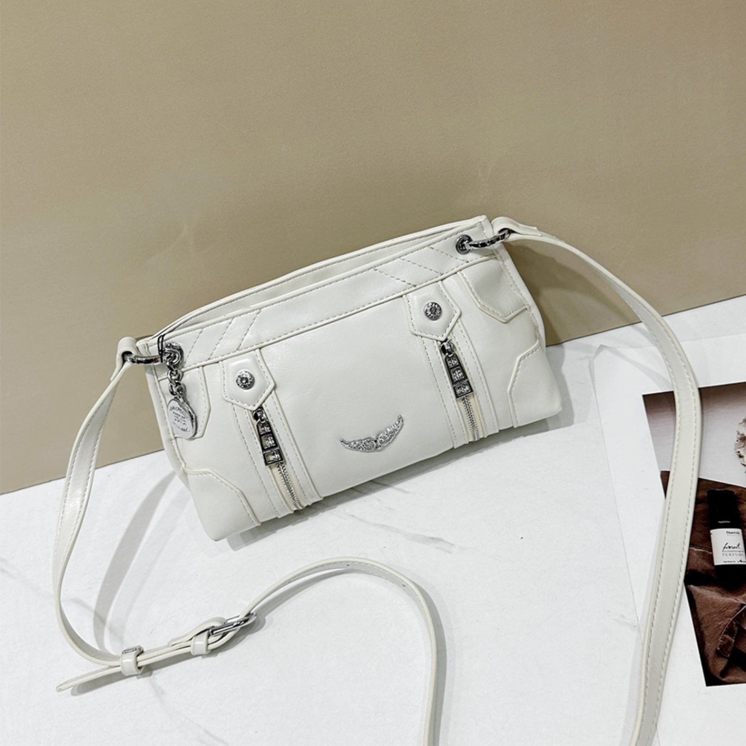 Zadig & Voltaire White Leather Motorcycle Barrel Bag Adjustable Strap 25x9x14cm