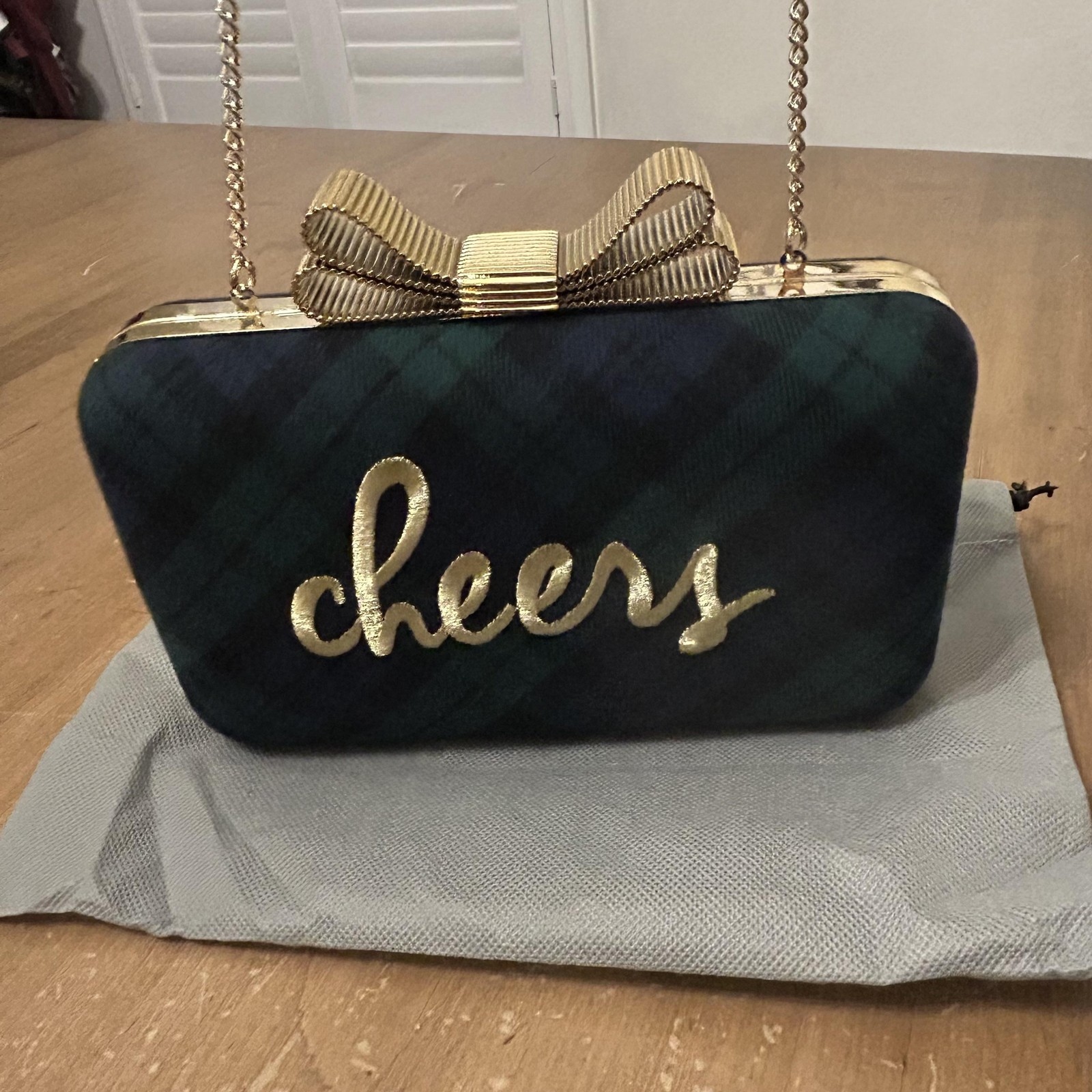 Talbots Clutch Womens Small Green Plaid Cheers Bow Chain Strap Holiday Purse
