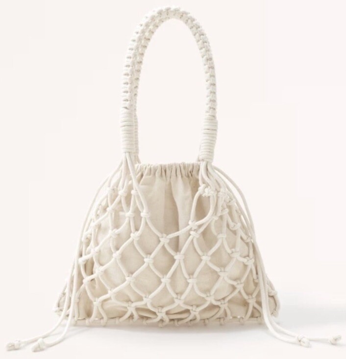 Abercrombie Fitch Macrame Drawstring Bucket Bag Purse Boho Beach Oatmeal