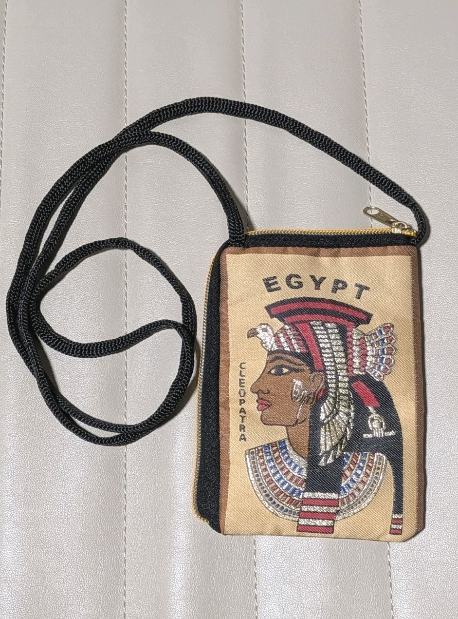 Egypt Cleopatra Motif Purse Fabric Phone ID Shoulder Strap Bag Zipper Closure