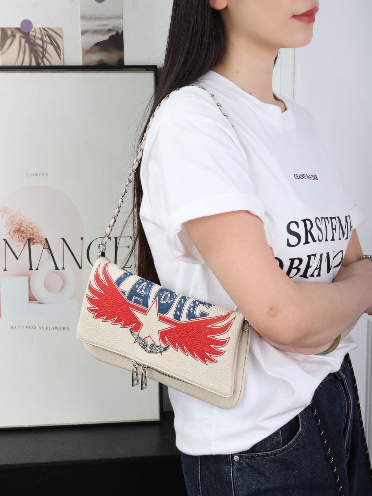 Zadig & Voltaire Cream Leather Bag Red Wing Star Graphic Dual Chain 27x15cm