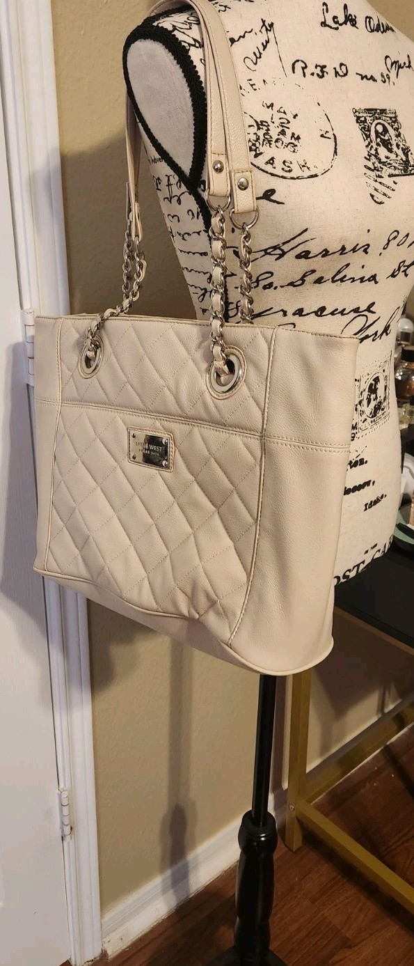 Nine West Ivory Faux Leather Large Tote Carry Hand Bag Purse