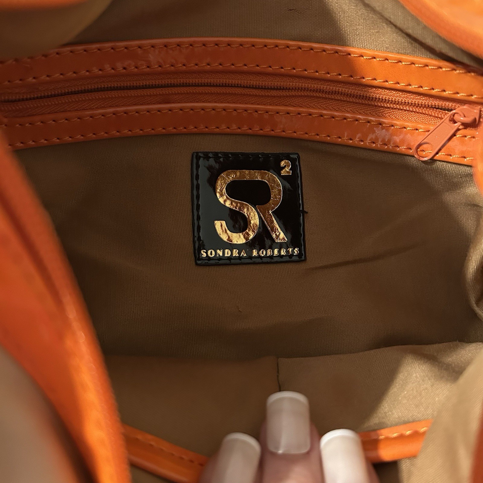 Sondra Roberts Beige Nylon and Orange Cutout Shoulder Bag