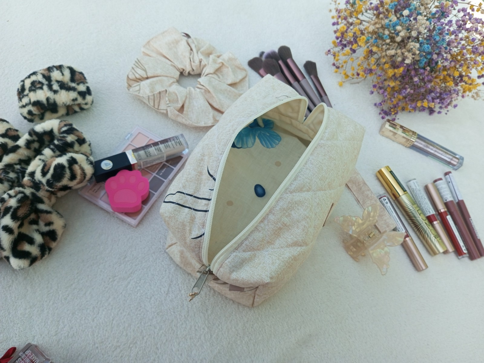 Quilted Makeup Bag Handmade Boho Feather Print Cosmetic Pouch Wrist Strap Size M