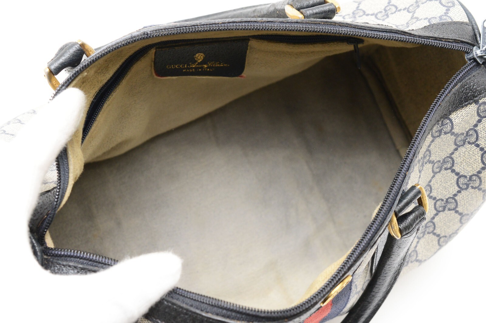 Vintage GUCCI [Rank AB] Sherry Line Boston Bag HandBag GG PVC Leather Navy Auth