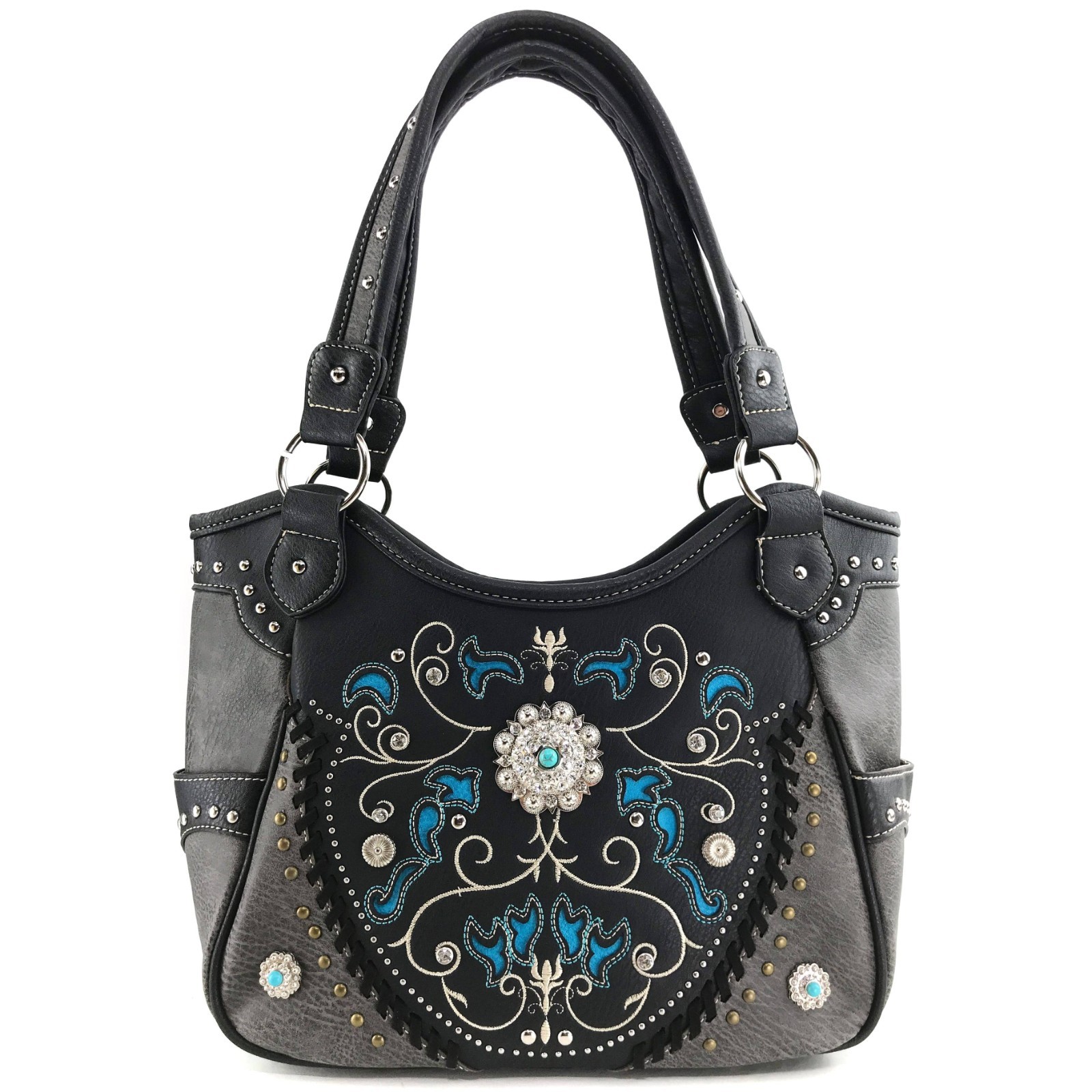 Black Floral Tote Purse – Western Concho Design, Faux Leather, Women’s Large
