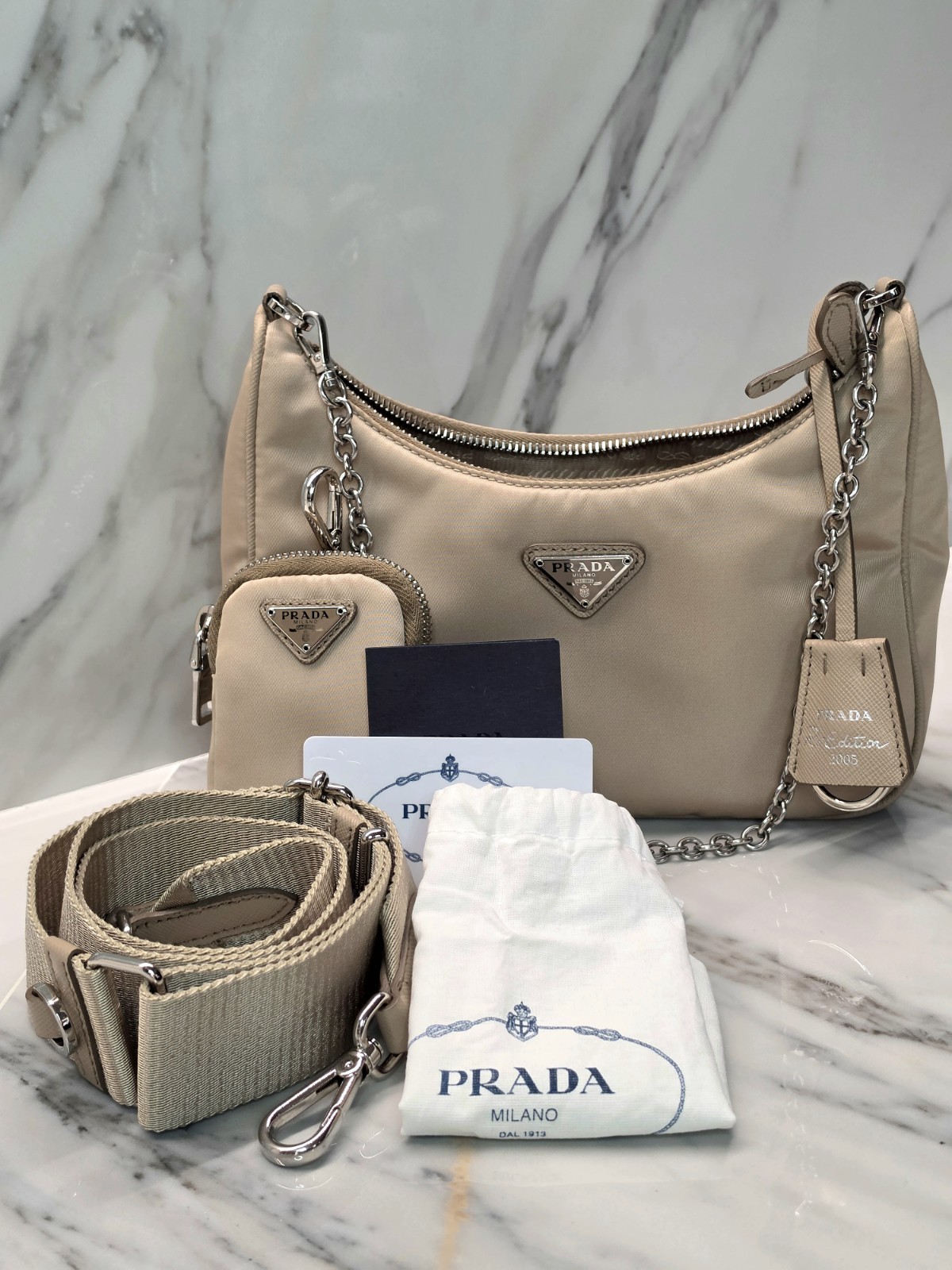 Prada Re-Edition 2005 Beige/Neutral Shoulder Bag Tessuto MSRP: $2,250