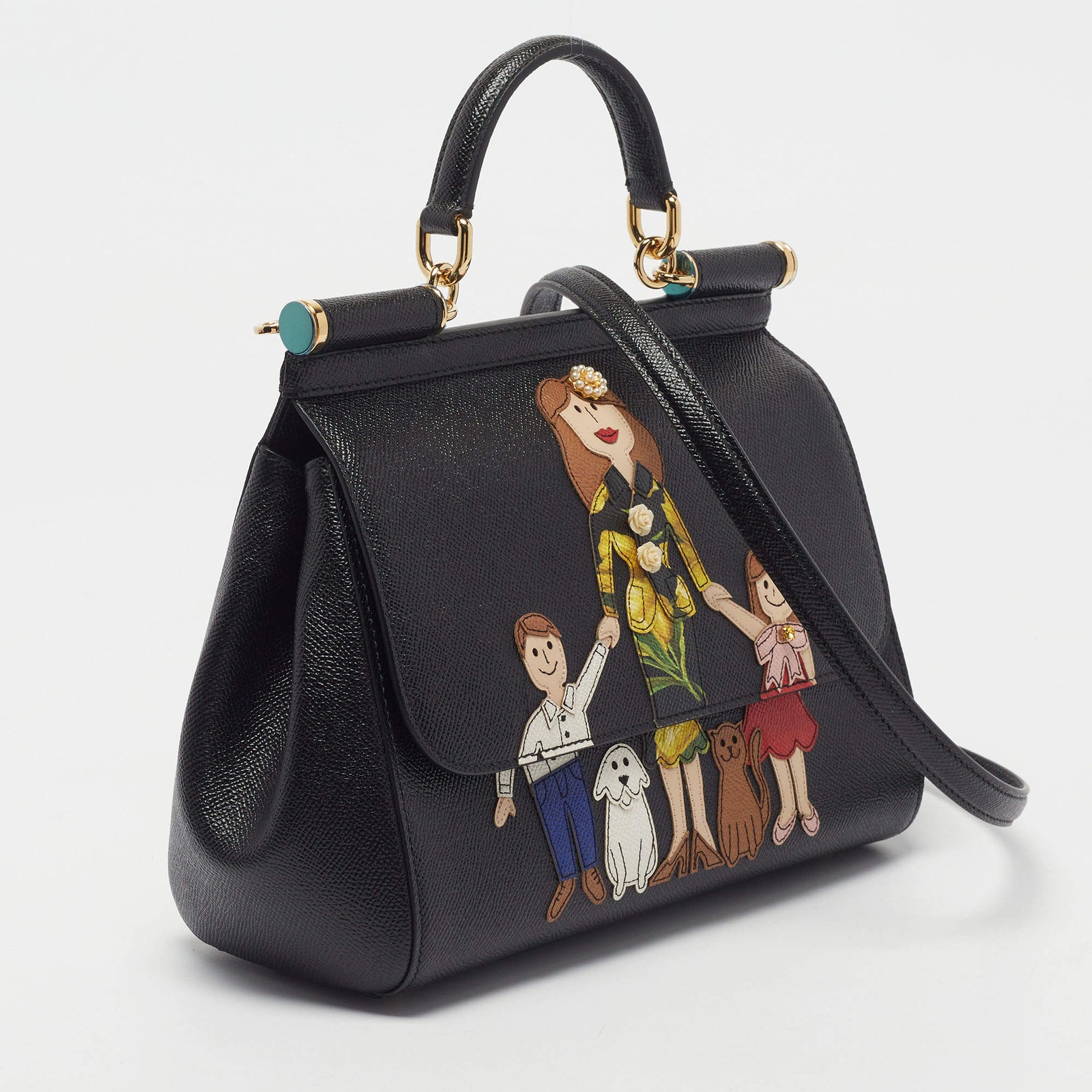 Dolce Gabbana Miss Sicily DG Family Medium Black Leather Top Handle Bag