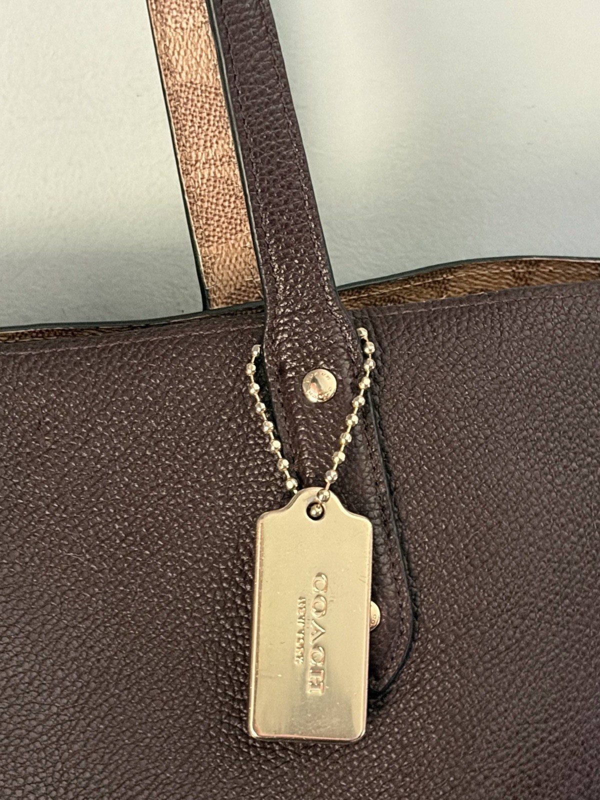COACH Central Tote w/ Signature Logo Canvas Blocking/ Brown Pebble Leather/ Gold