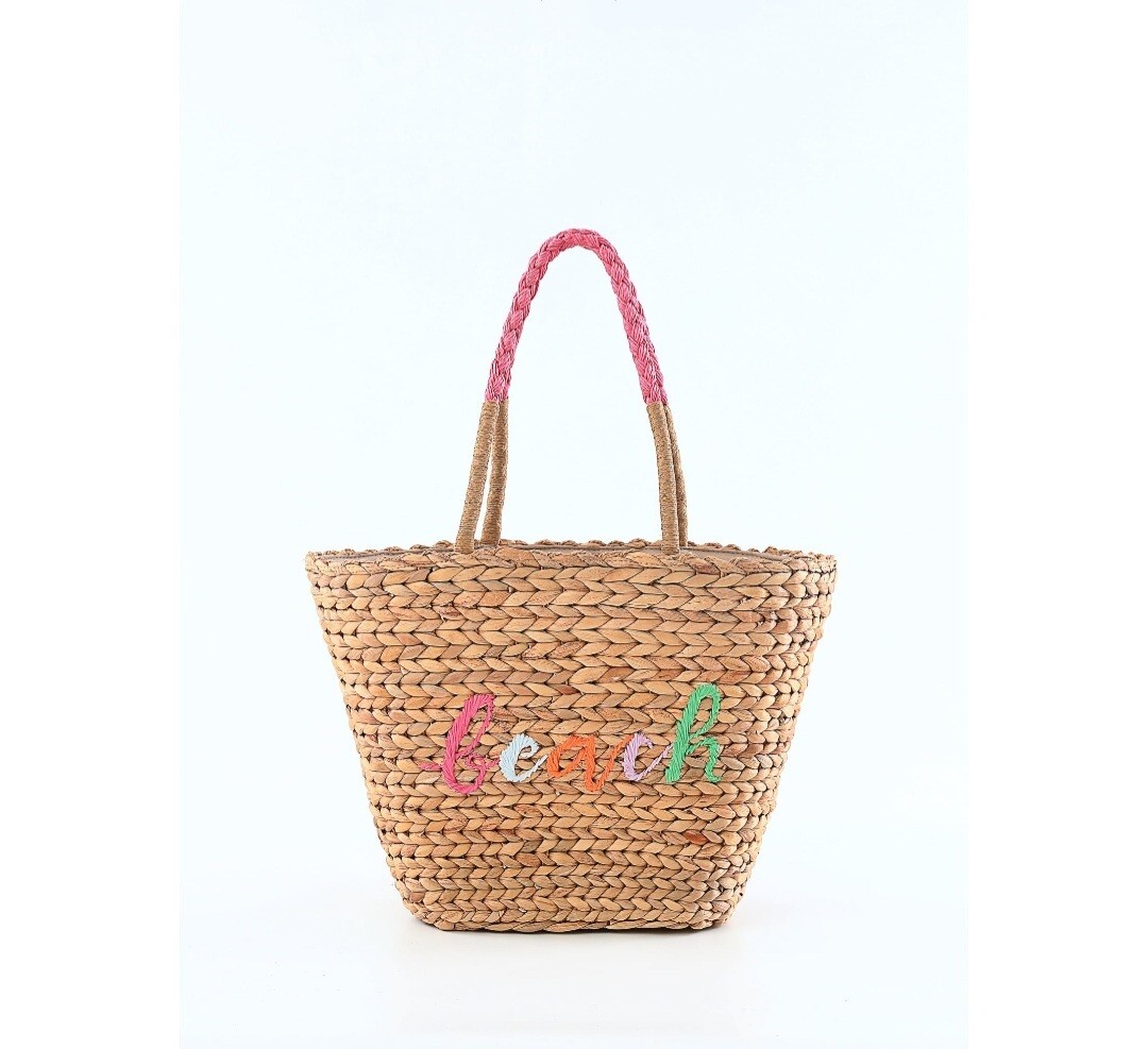 Time And Tru Women’s Straw Embroidered Beach Tote Bag, 11″ W x 12″ H x 5″ D