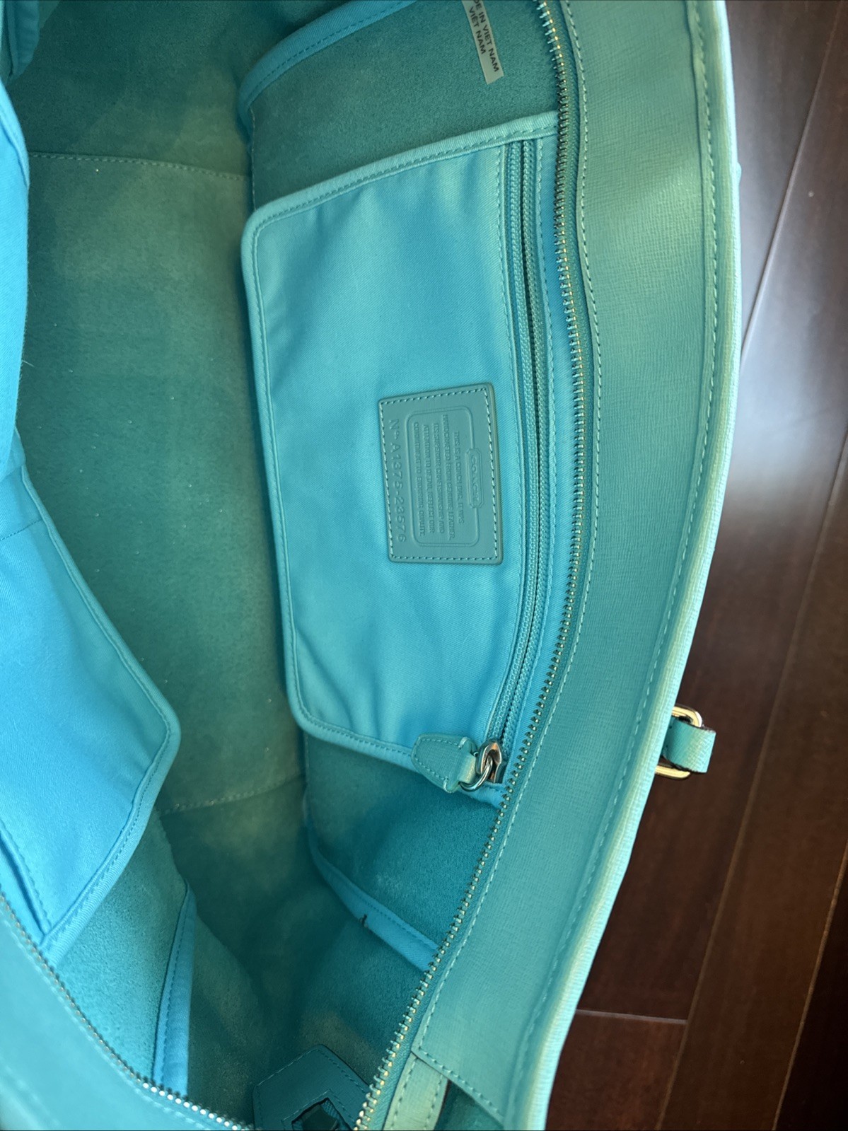 New Coach Saffiano Leather East West City Tote Style 23576 Robin’s Egg Blue