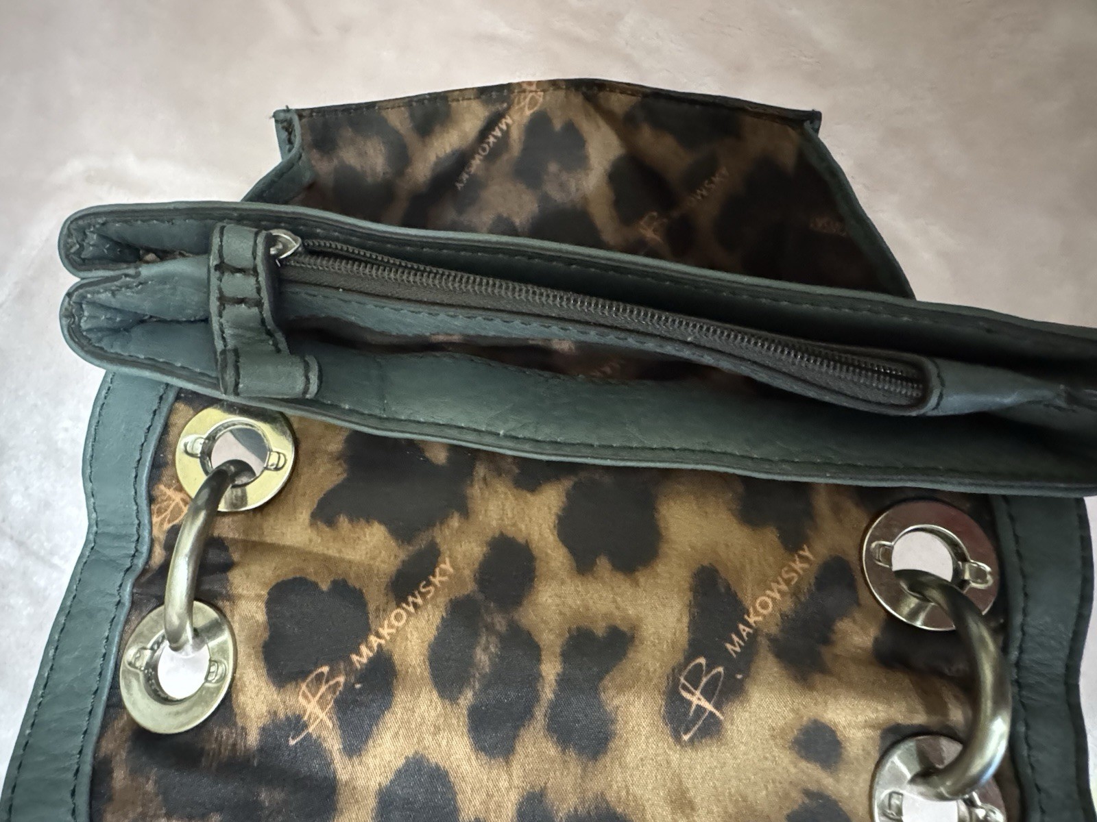 B. Makowsky Slate Gray Pebbled Leather Crossbody Shoulder Bag Leopard Lining