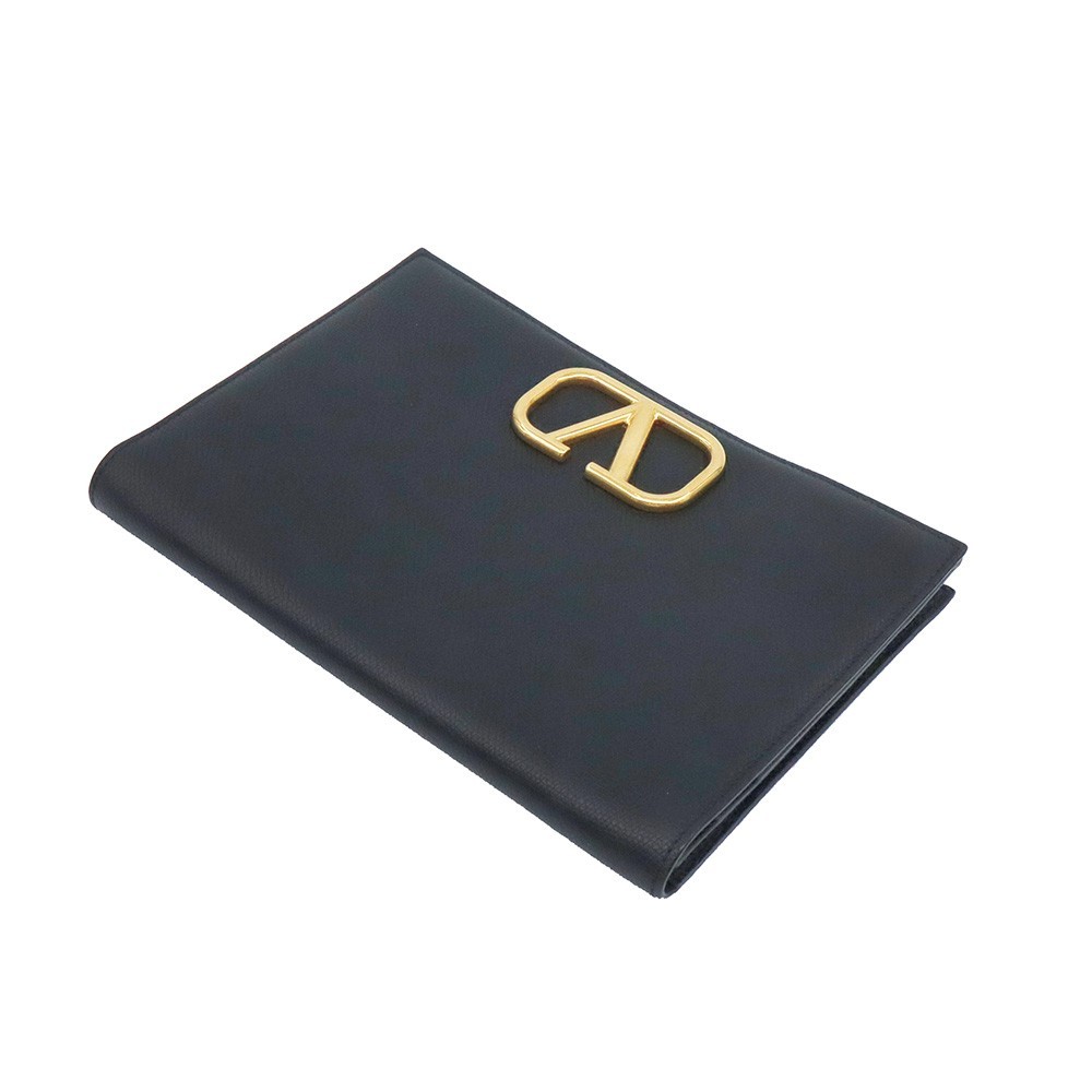 Valentino 822230290 Black Calf Gold V-Logo Flap Clutch