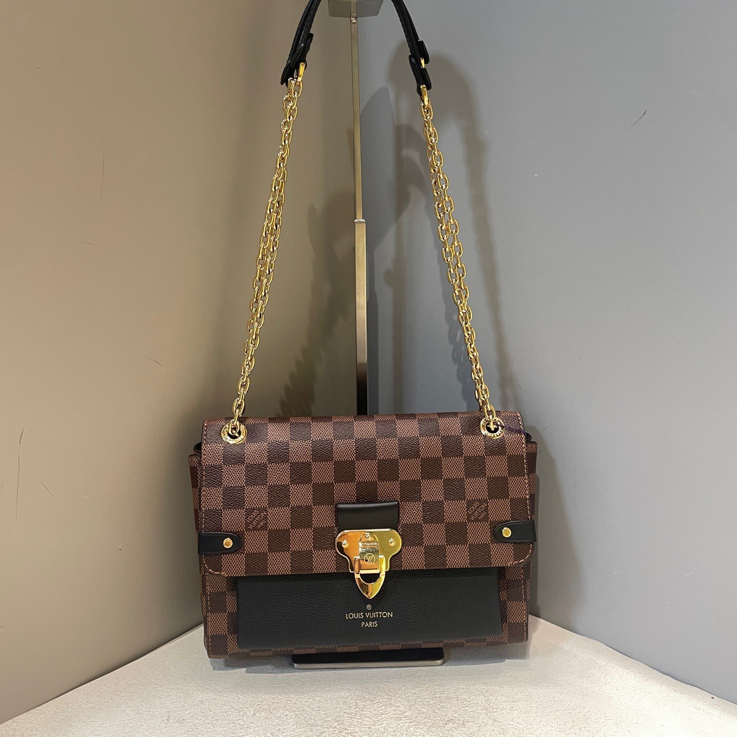 Louis Vuitton Vavin Damier Ebene Black Leather Chain Shoulder Bag