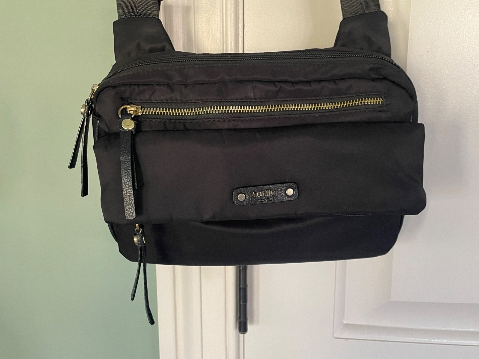 TUTILO NEW YORK Boost Purse Cross Body Black Nylon Multi Sections Gold Accents