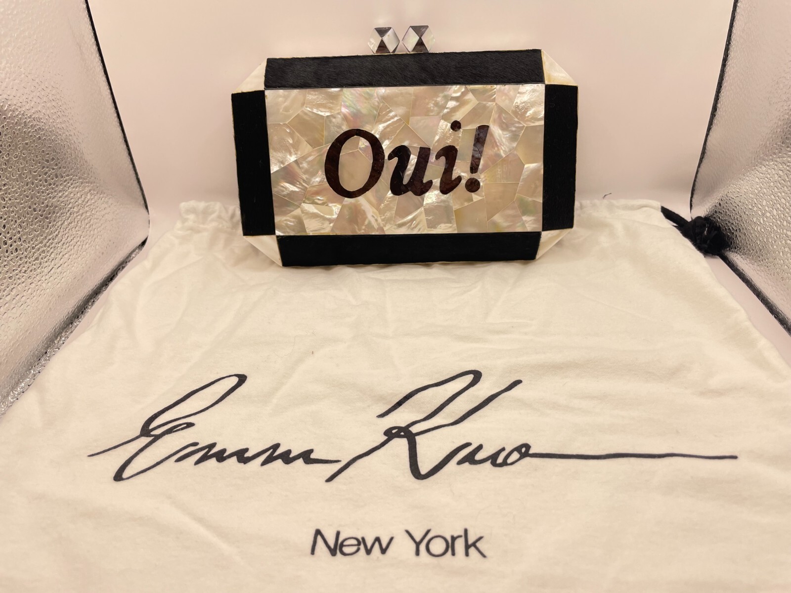 Emma Kuony “Yes / No” Custom Mother-of-Pearl and Calf Skin Trim Clutch