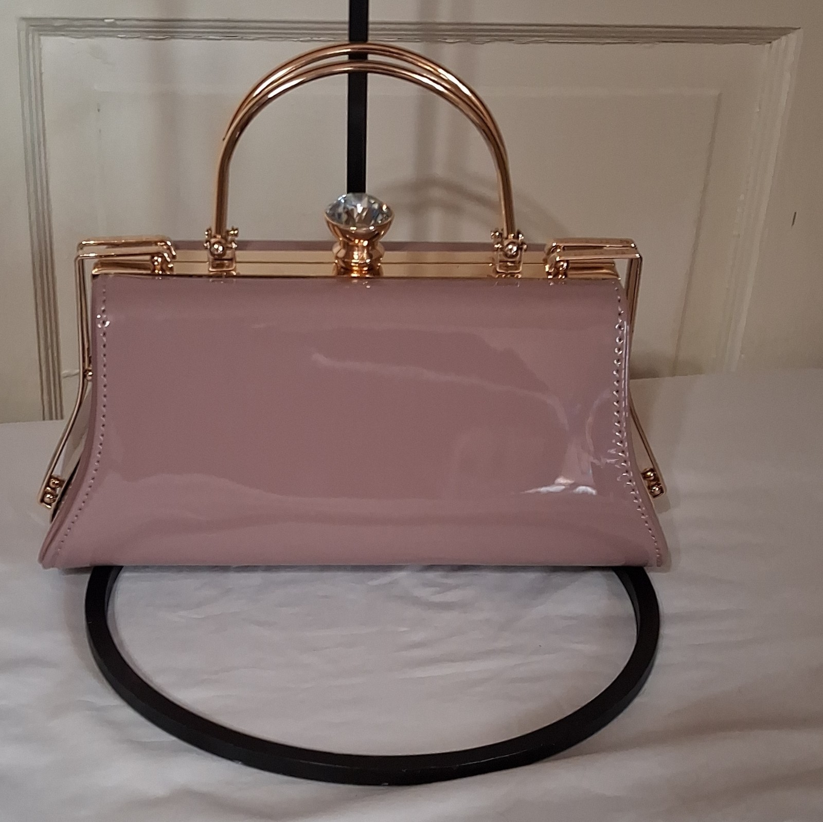 Women’s Pink Top Handle Bag Gold Tone Frame Crystal Clasp Detach Crossbody Strap