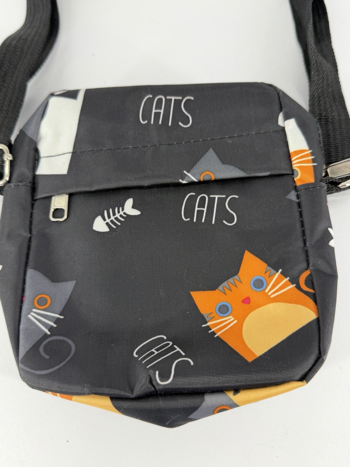 Black Nylon Small Crossbody Cat Pattern Purse W/Adjustable Strap Shoulder Bag