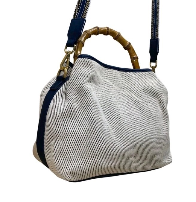 J.McLaughlin Ivory/Navy Woven Canvas Bamboo Handle Crossbody Bag Preppy Perfect