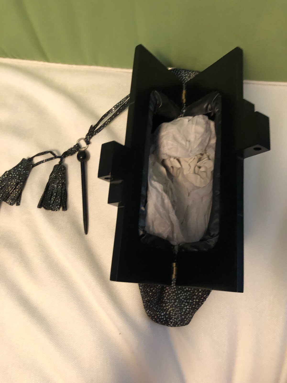 NWT Anthony Luciano Clutch Bag Black Leather w/Tassel and Wooden Handle