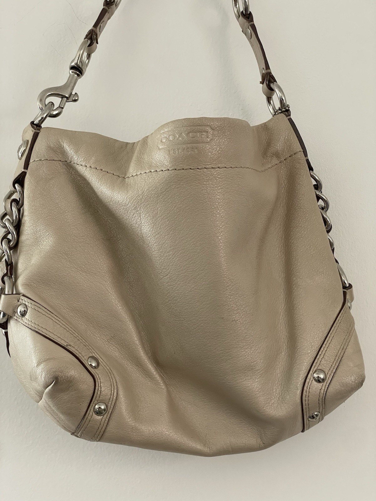 Coach Beige Crescent Shoulder Bag Silver Chain Carly Bag