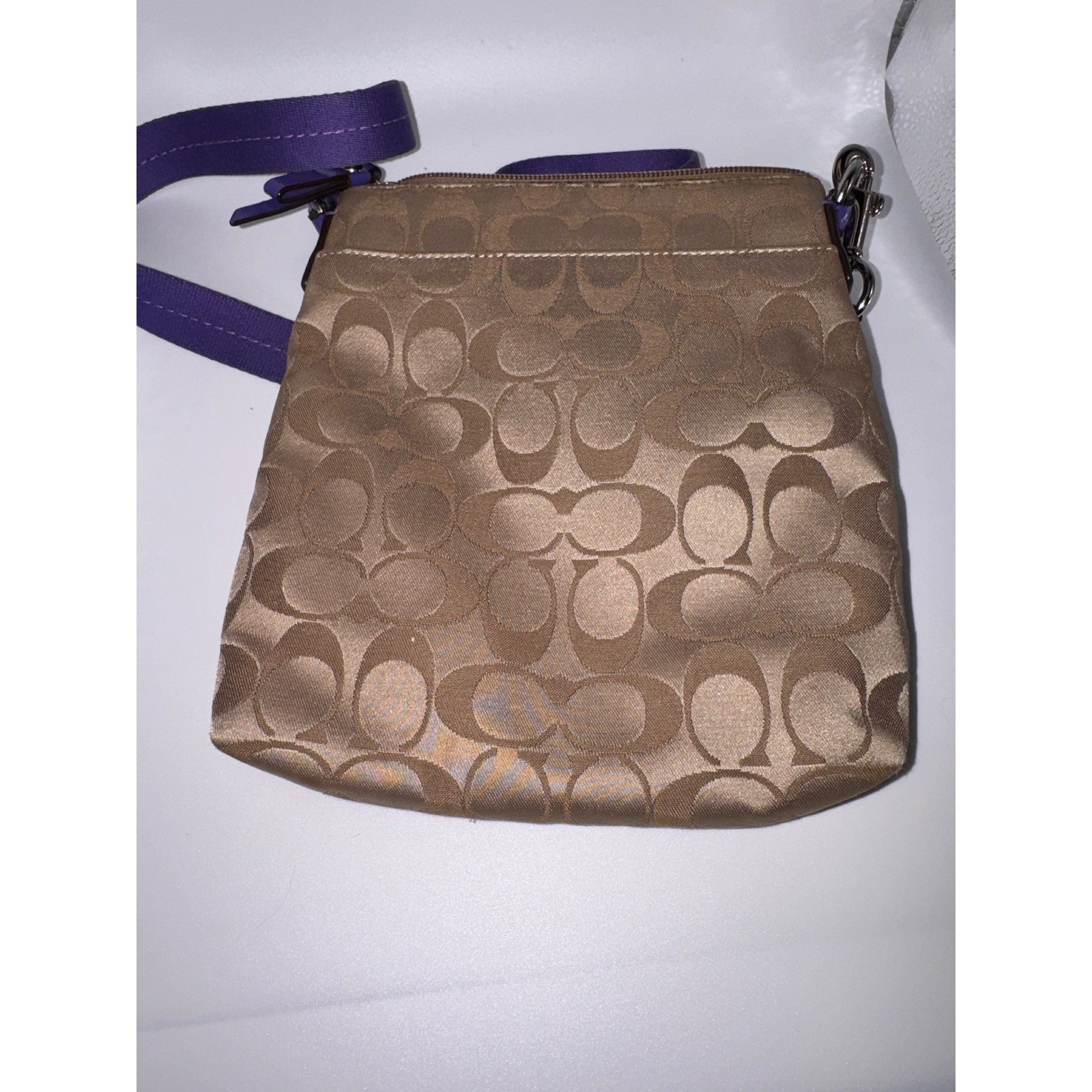 Coach Poppy Crossbody Bag Khaki Signature Canvas Purple Trim Vintage 44537