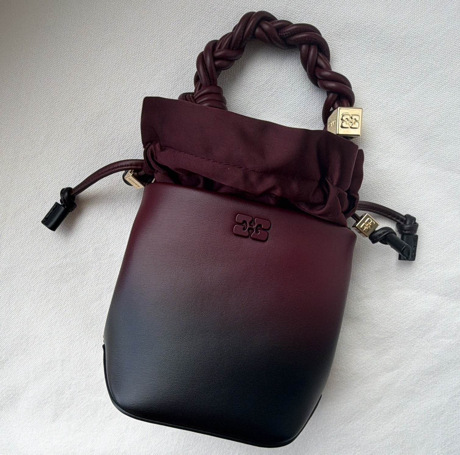 GANNI Bou Bag Burgundy/Black Colorblock Bucket Bag Braided Drawstring Strap