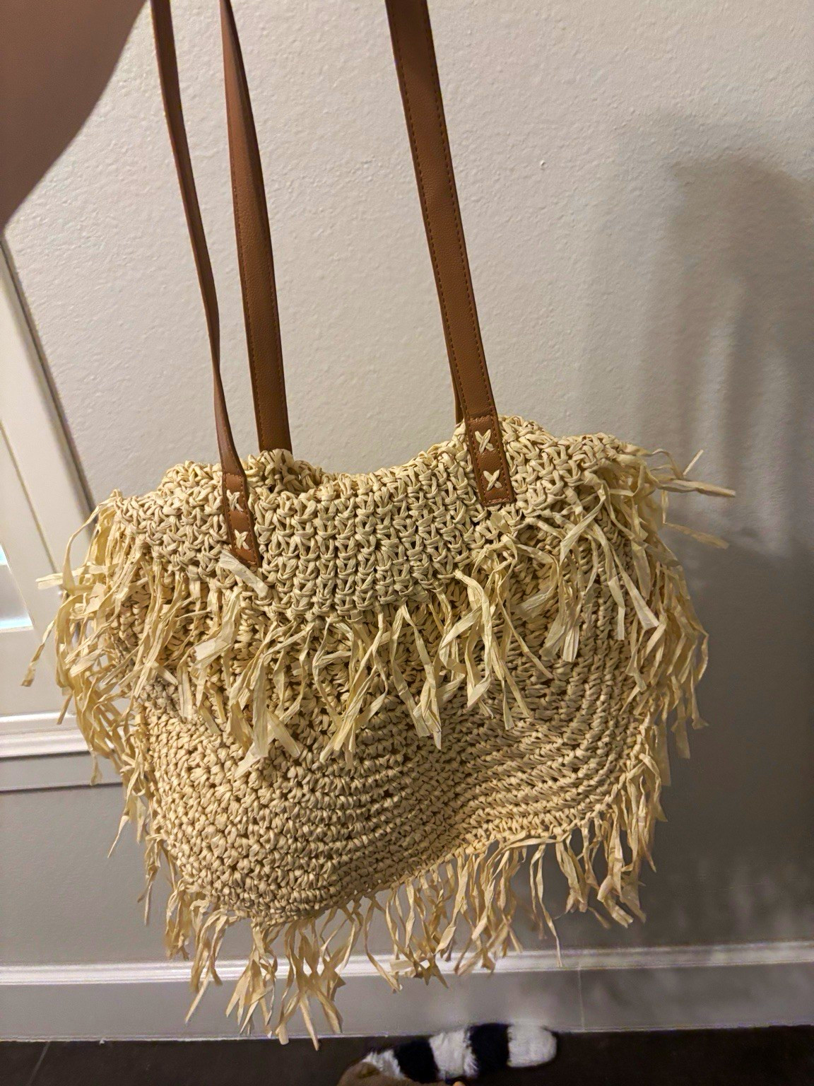 Women’s Beige Fringe Shoulder Bag with Brown Strap Bohemian Casual