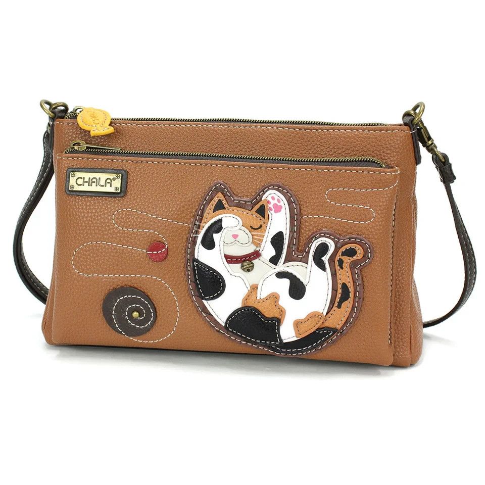 New Chala Deluxe Crossbody Bag Vegan CALICO CAT Brown RFID Protection gift