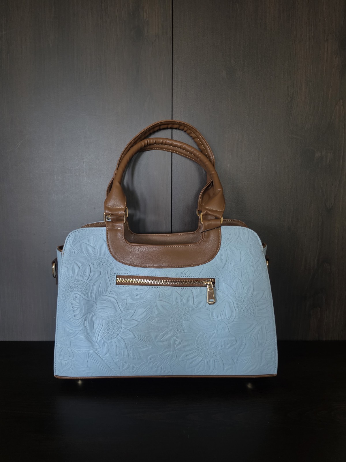 Baby Blue Brown Floral Stitched Embossed Tooled Artisan LEATHER Purse Crossbody
