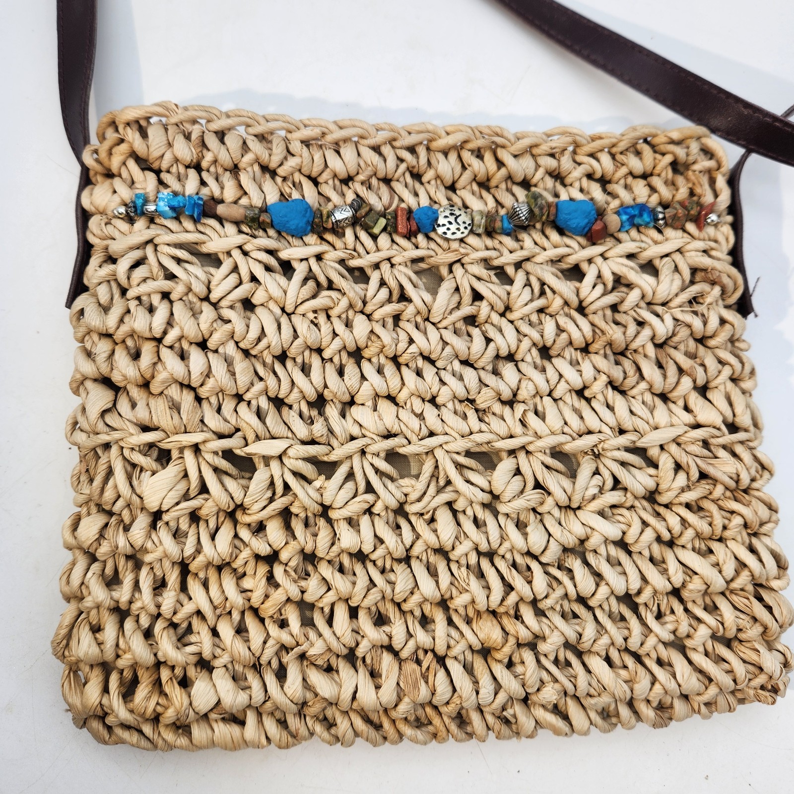 Vintage Woven Straw Purse Bag Crossbody Rock Beads Zip Lined Lightweight 9″x8″