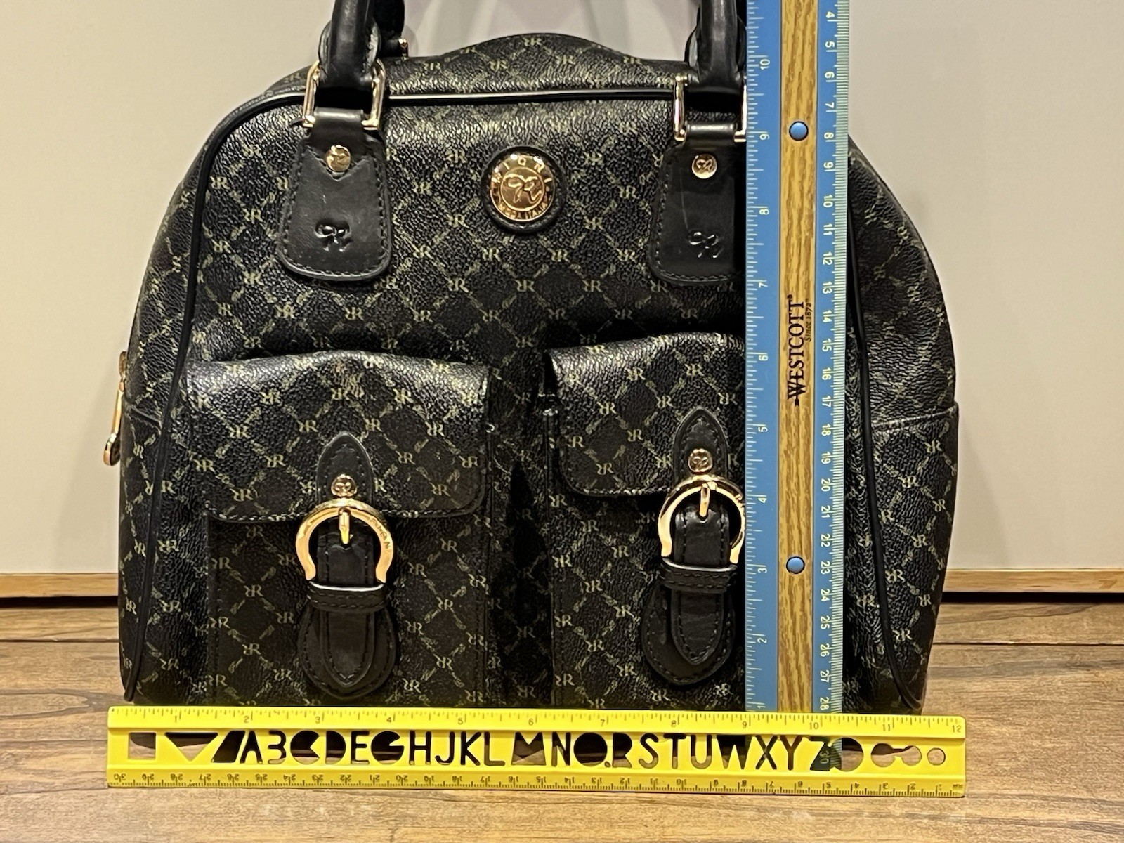 Rioni Moda Italia Signature Leather Satchel Handbag Purse Black Monogram (Read)