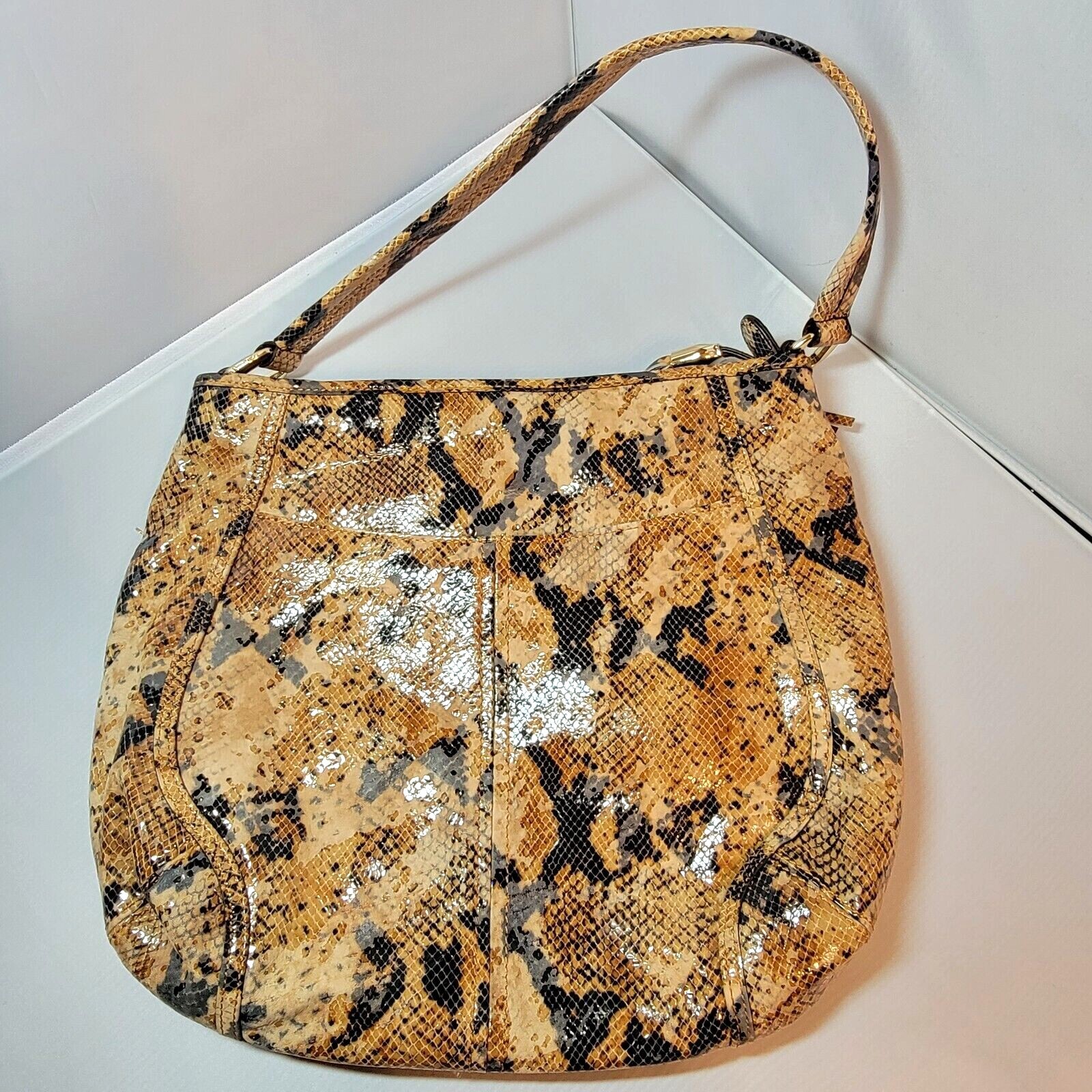 B Makowsky Brown Reptile Snake Print Large Satchel Purse Shoulder Leather
