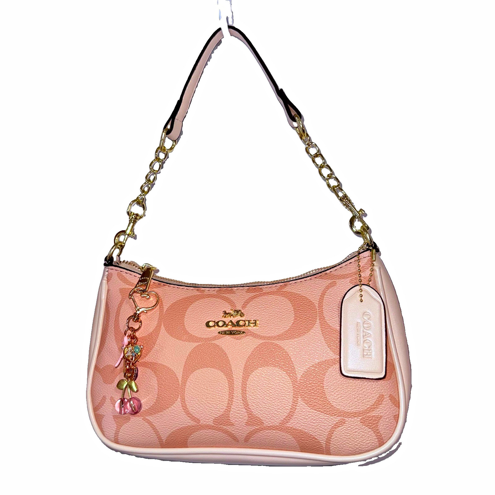 Coach Signature Logo Small Pink Shoulder Bag Chain Strap Cherry Charm Zip