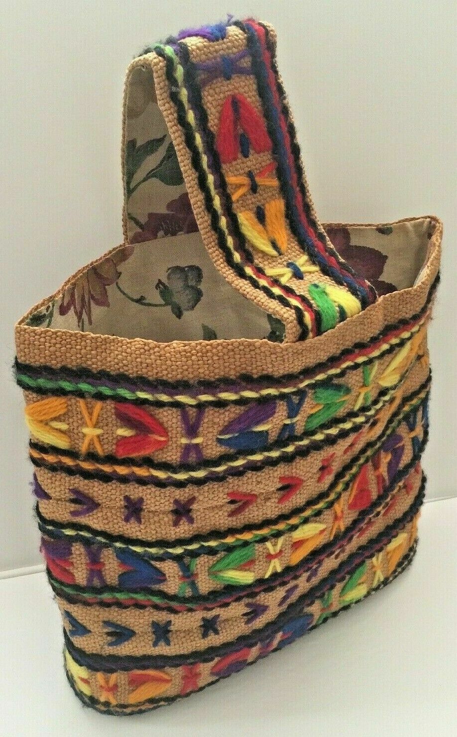Excellent Woven Burlap Tote Handbag Colorful Crewel Embroidery Studded Bottom