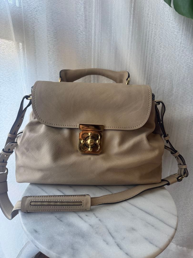 Auth Chloe 2way Flower Rock Handbag Shoulder Bag Leather Beige Flap w/Dust Bag