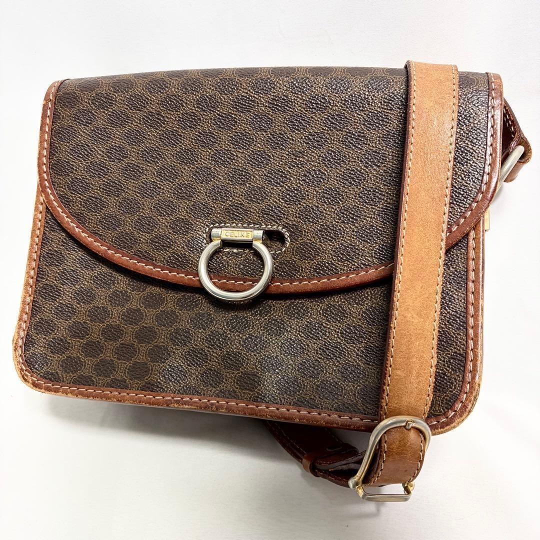 CELINE Macadam Triomphe PVC Leather Crossbody Shoulder Bag Gold Lock Brown 24cm