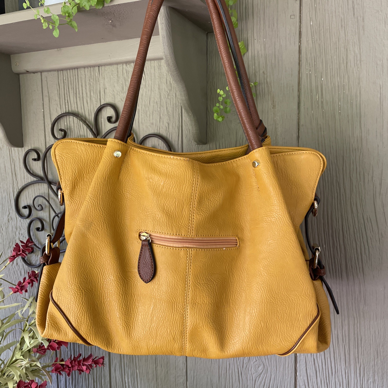 Yellow and Brown Shoulder Bag with Pouch, Detachable Strap, Gold Hardware