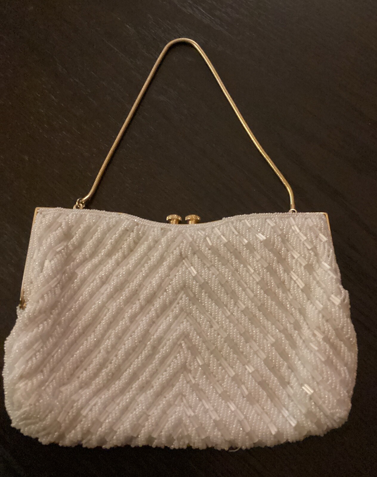 Vintage White Glass Bead Pearl Rhinestone Clutch Handbag Cocktail Wedding