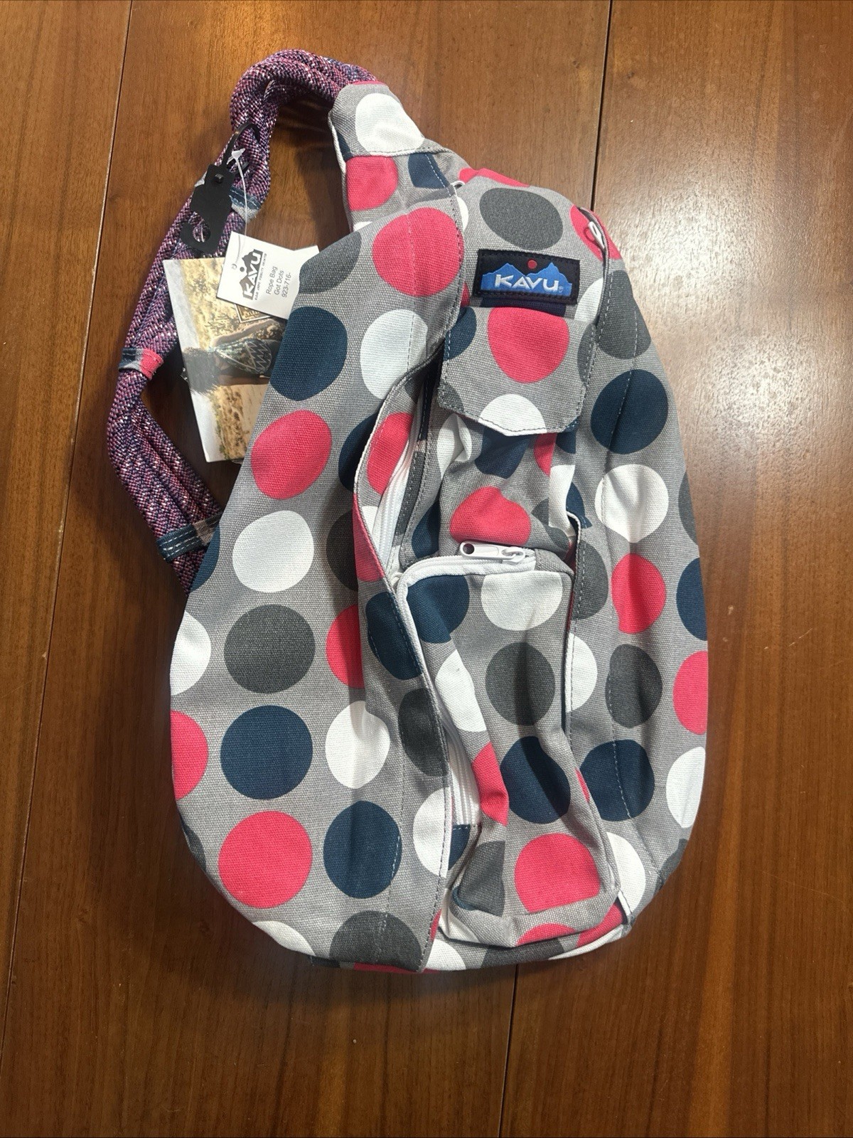 Hard To Find KAVU Rope Sling Bag Pink/Gray Polka Dot Crossbody