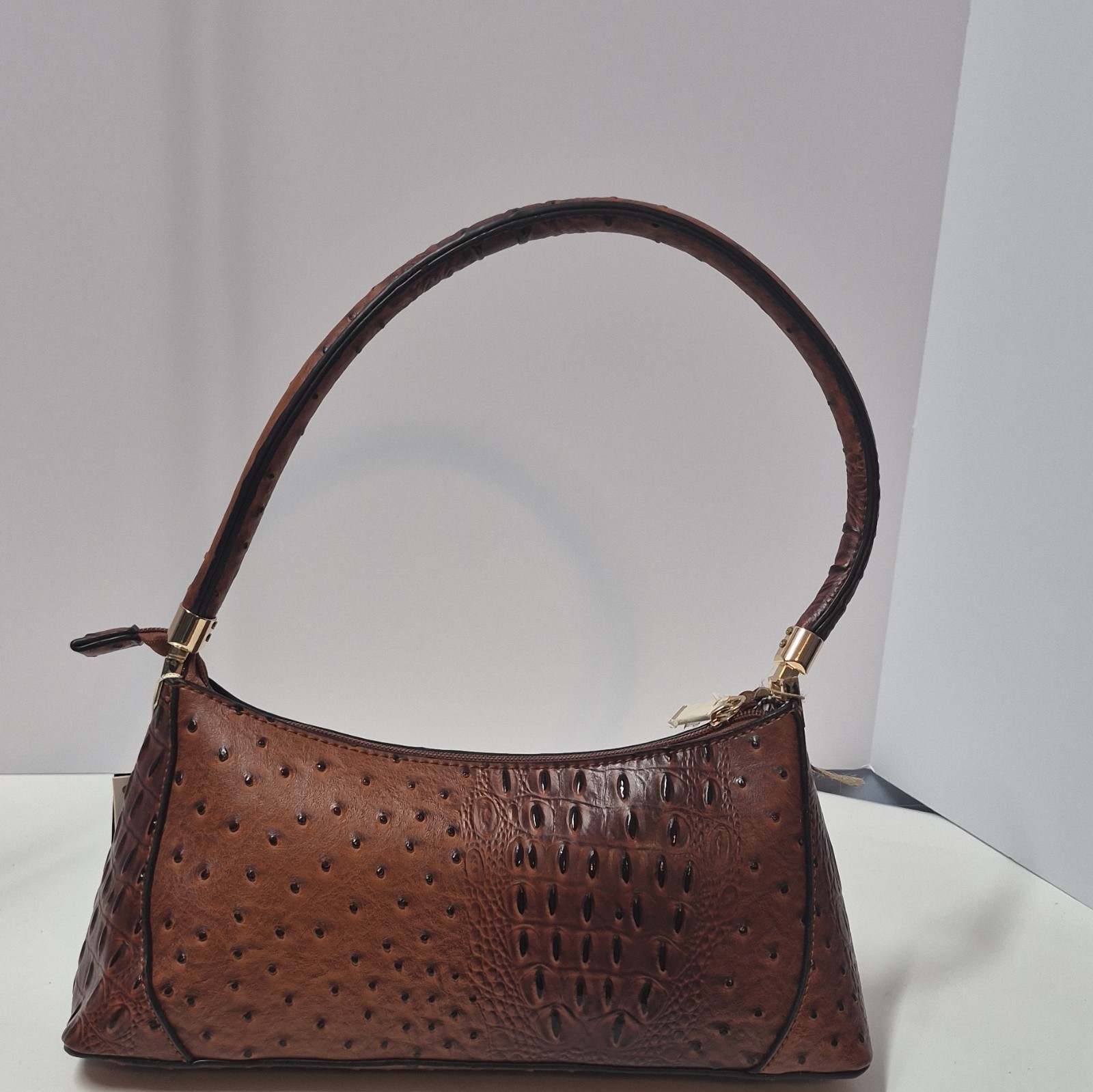 Le Miel Brown Embossed Animal Print Shoulder Bag Zip Top Gold Hardware