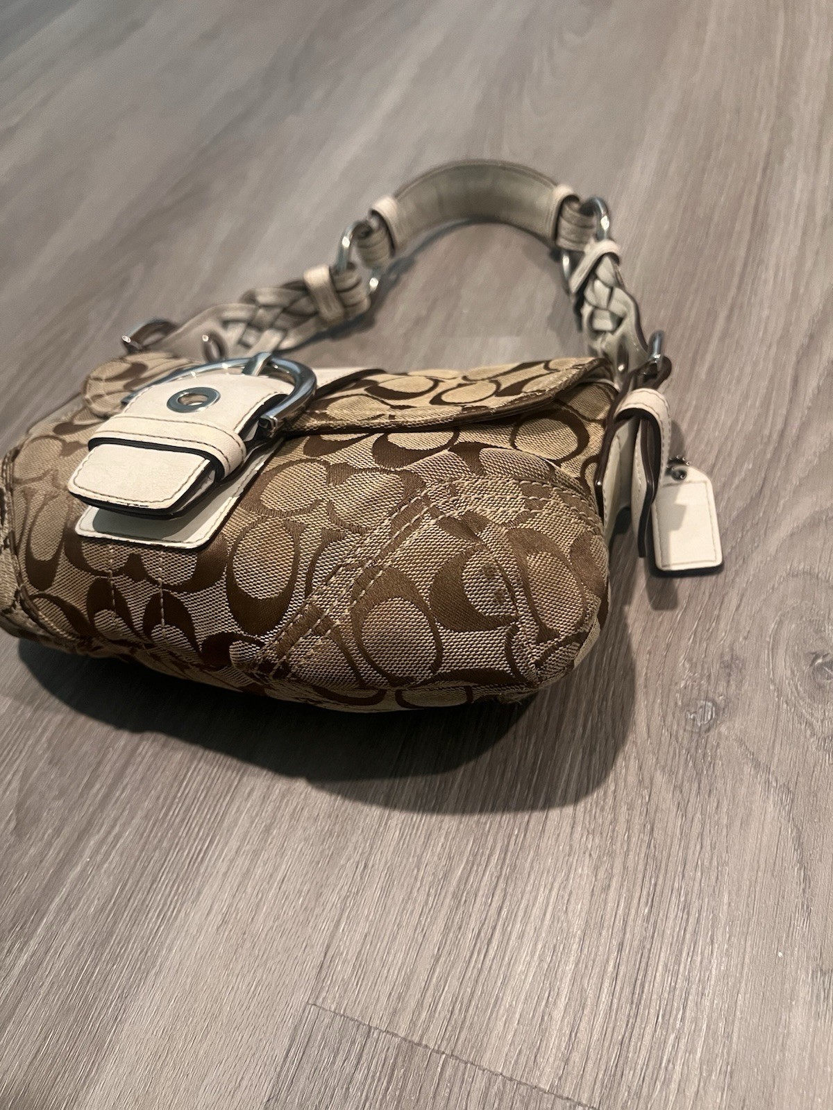 Coach Signature Logo Small SoHo Shoulder Bag Brown Beige Buckle