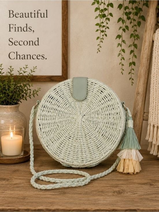 Mia & Tess Round Woven Crossbody Bag Mint Green Tassel Purse