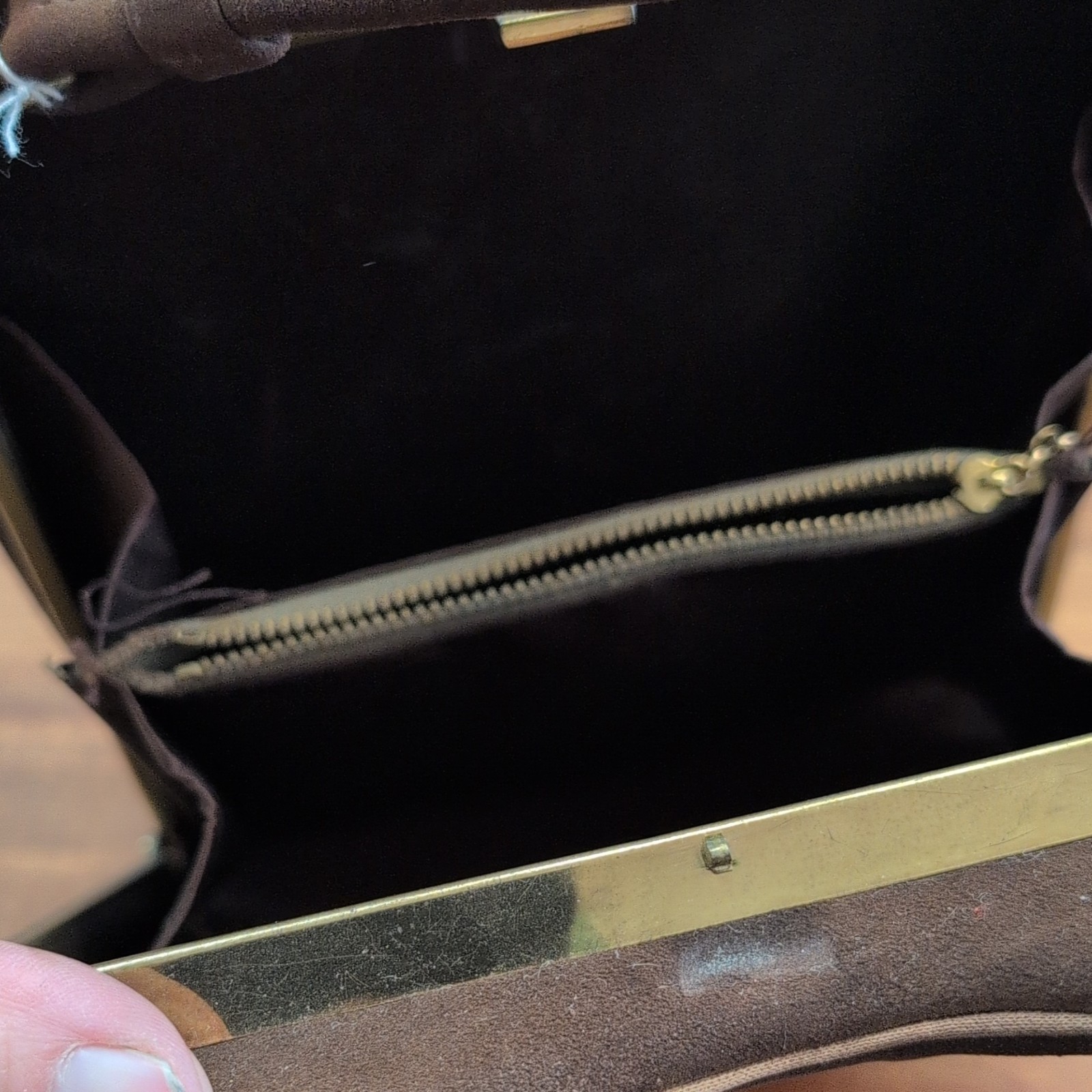 Brown Top Handle Frame Bag, Gold Hardware Clasp, Inner Pockets, Black Lining