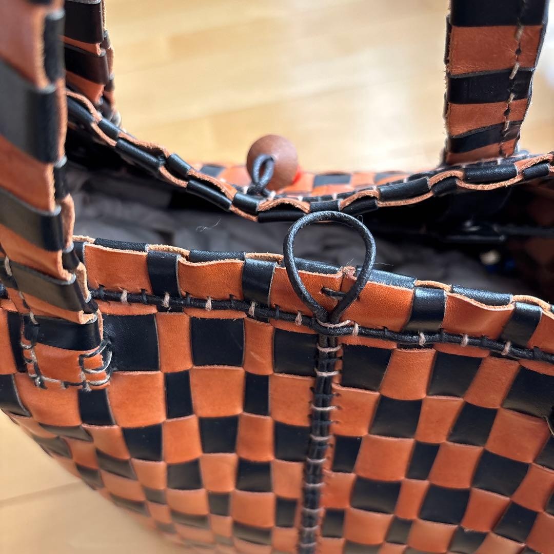 HENRY CUIR Woven Basket Tote Bag Handbag in Brown x Black USED Good Condition