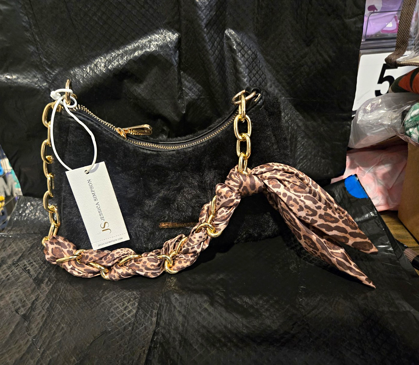 Jessica Simpson Black Shoulder Bag, Gold Chain Strap, Zip Closure, Leopard Scarf